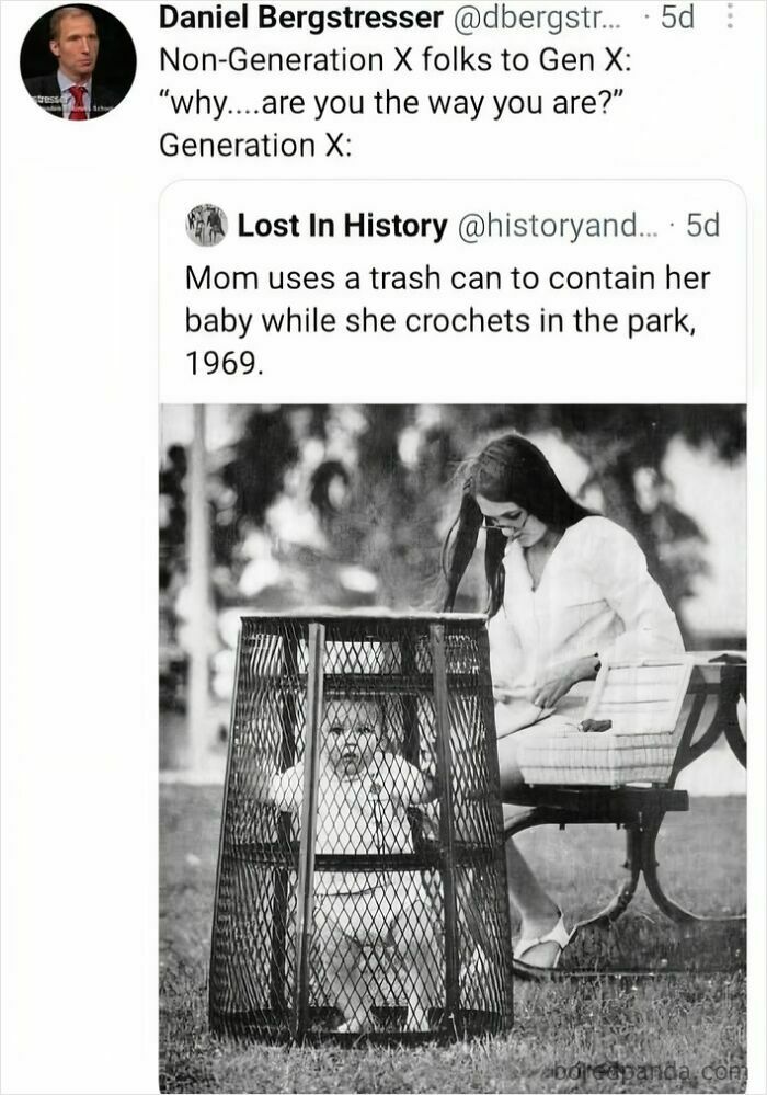 A black and white image of a baby in a trash can while their mother crochets, a humorous Gen X meme.