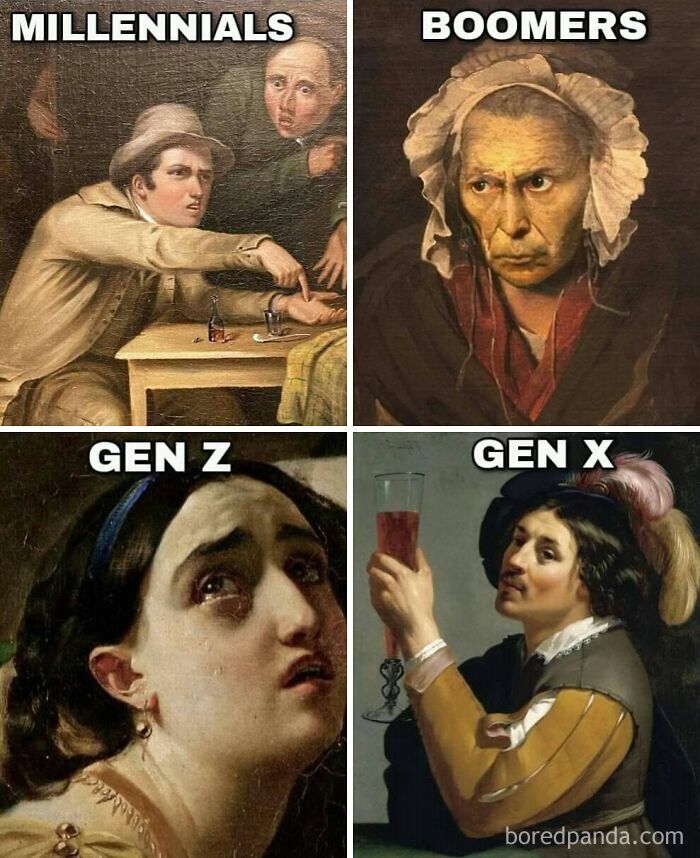 A meme with four classic paintings representing Millennials, Boomers, Gen Z, and Gen X.
