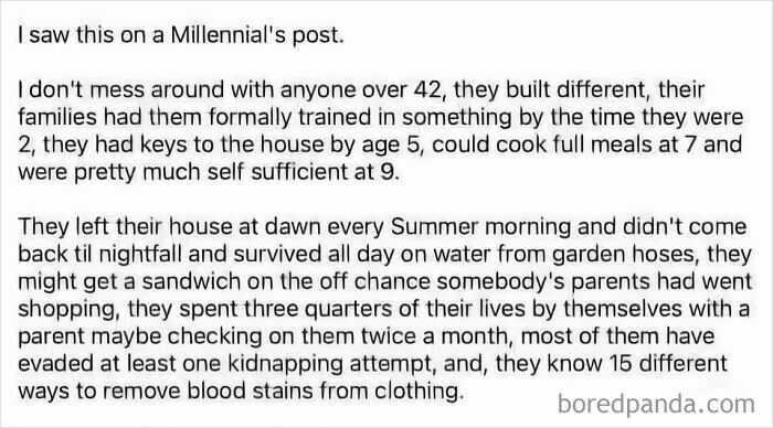 A Gen X meme describing the self-sufficient, independent, and resilient childhood experiences of Gen X individuals.