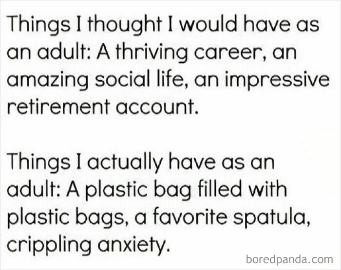 A Gen X meme contrasting adult expectations (career, social life, retirement) with reality (plastic bags, spatula, anxiety).