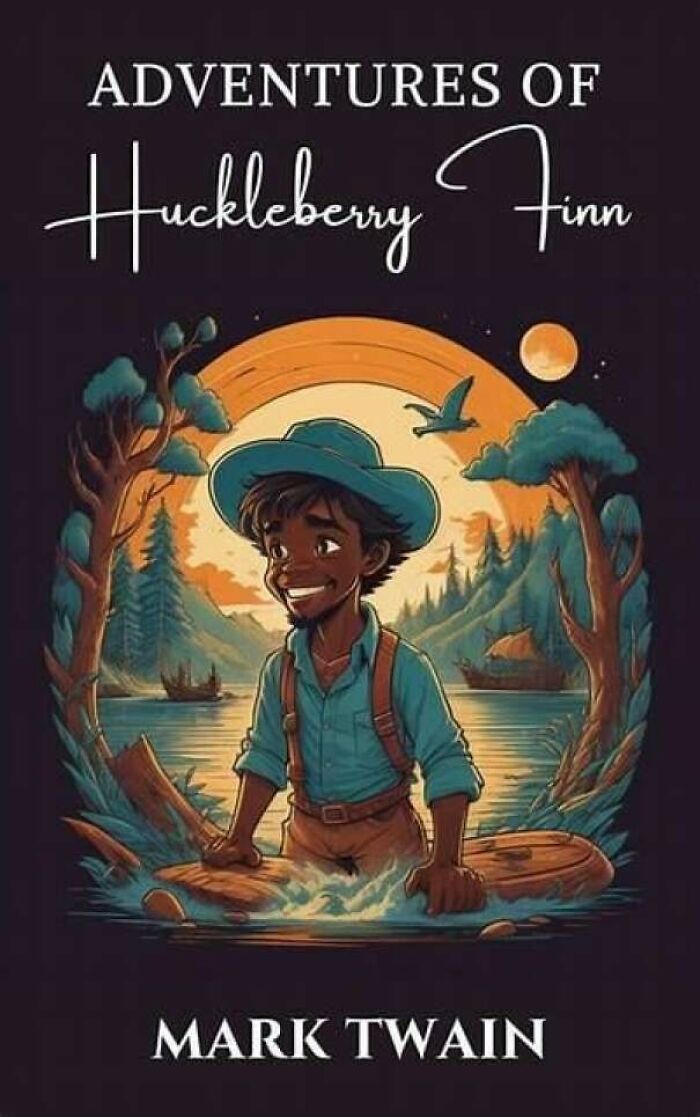 Unhinged book cover illustration of Adventures of Huckleberry Finn featuring an AI-generated smiling boy on a raft