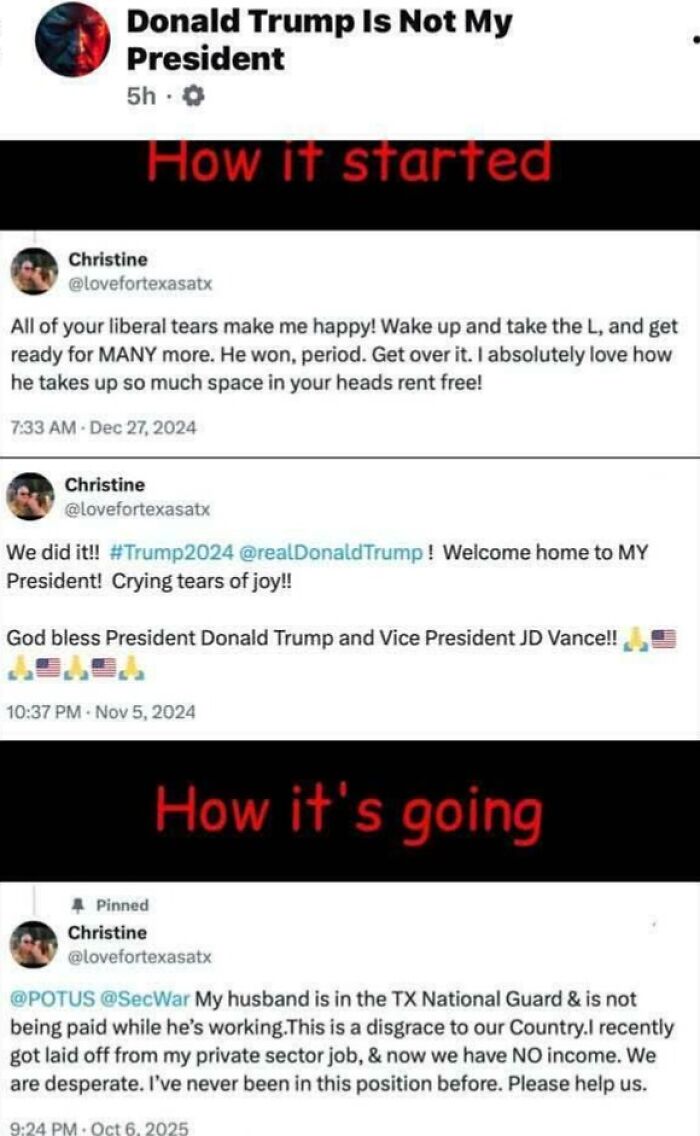 Christine, an online user, showing contradictions online from supporting Trump to requesting help for her husband's income.