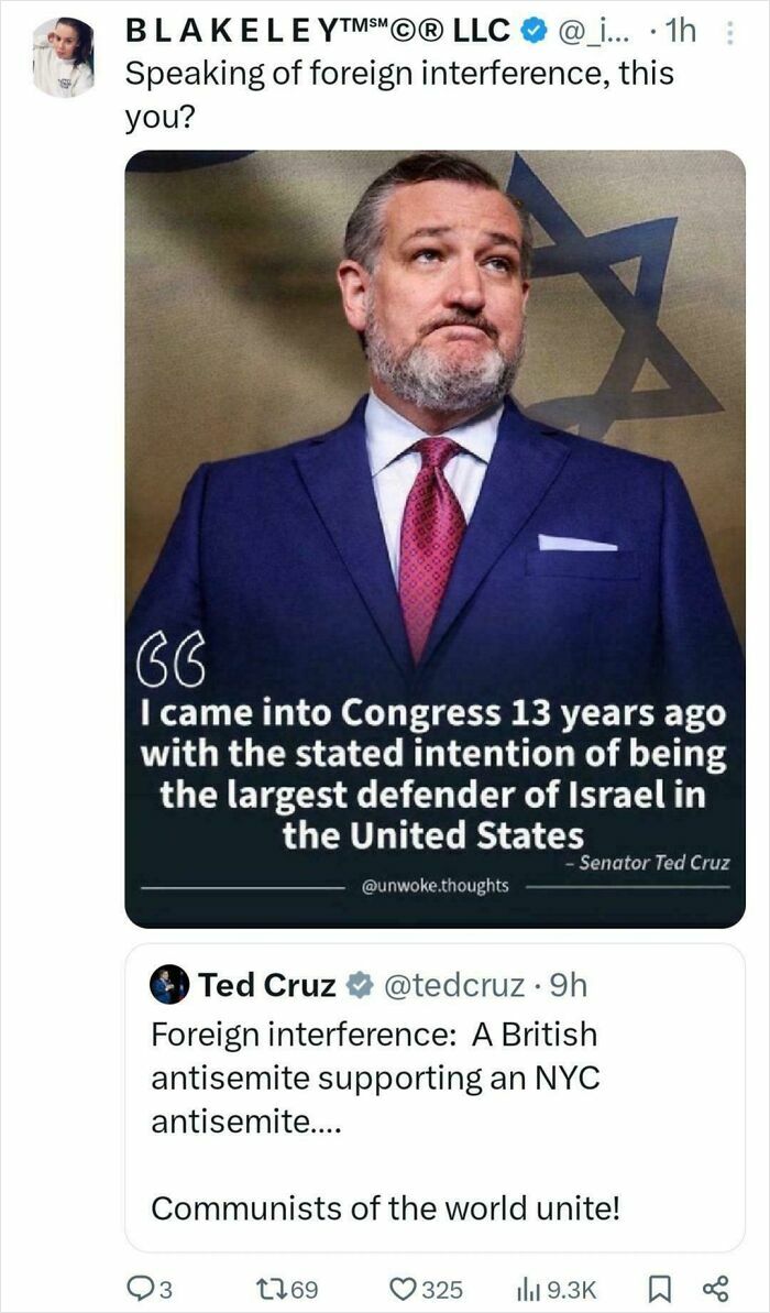Ted Cruz caught in contradictions online, stating his defense of Israel while tweeting about foreign interference.