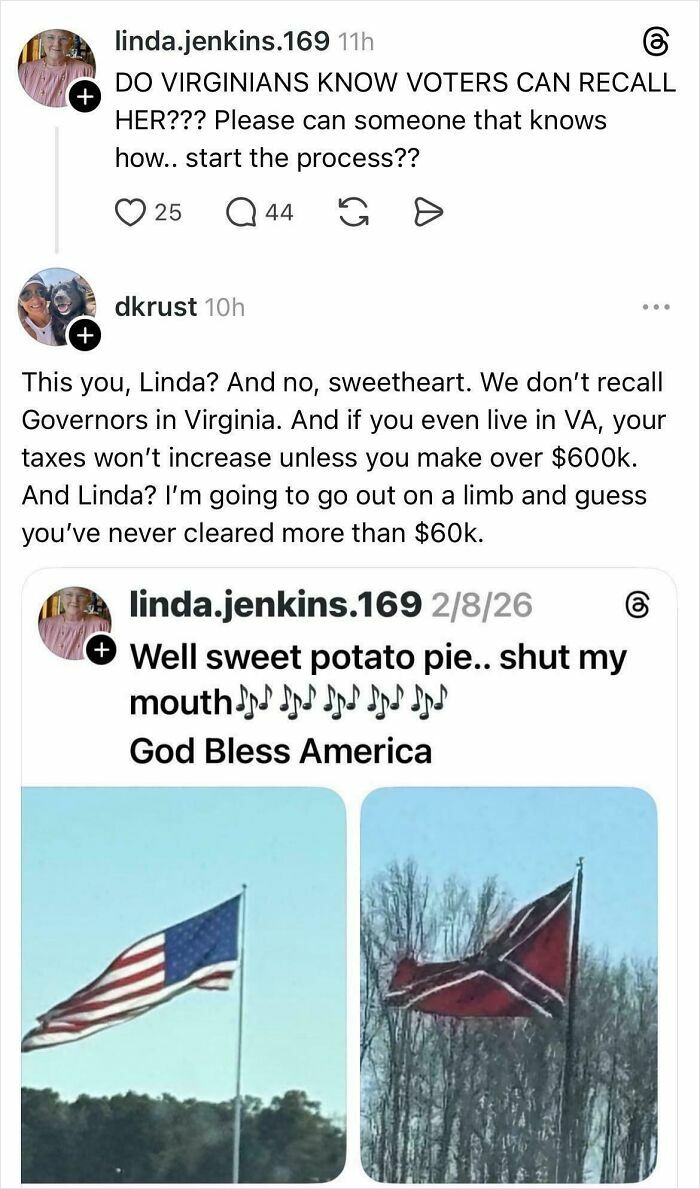 A social media exchange where a user is caught in contradictions online about voter recall and then displays controversial flags.