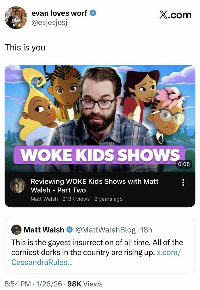 Screenshot of online users getting caught in their contradictions. Matt Walsh's video on woke kids shows versus his controversial tweet.