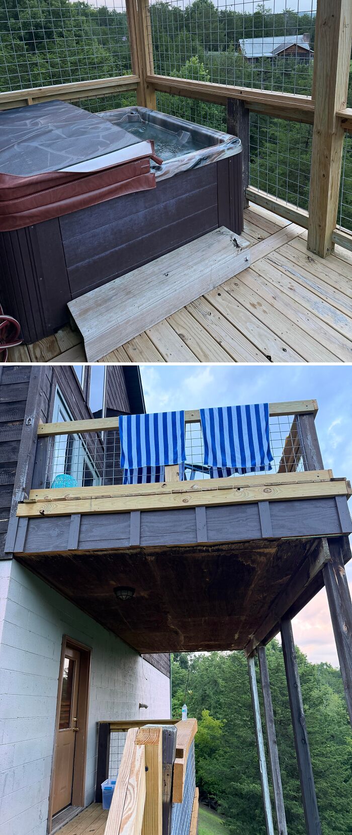 A multi-level deck with a hot tub and hanging towels, showcasing dangerous things people did.