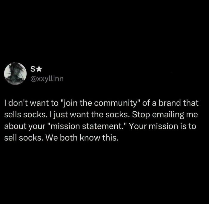 A social media honest post expressing disinterest in joining a brand's community, just wanting the product.