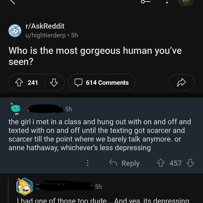 Reddit post asking for honest posts about the most gorgeous human seen, with a detailed reply.