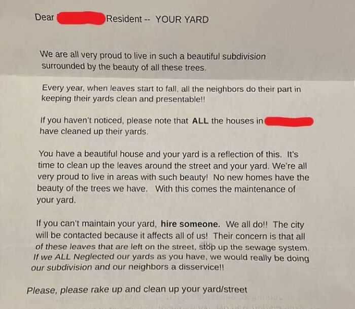 A passive-aggressive note about cleaning up a yard, illustrating petty neighbor complaints.