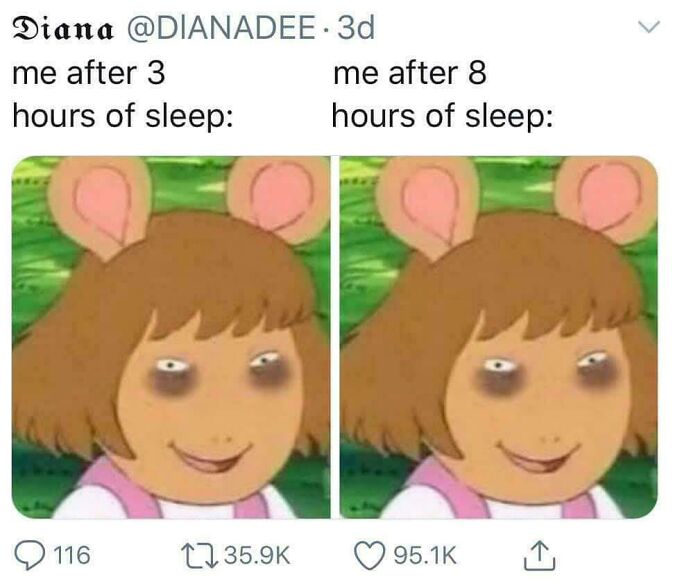 A surprisingly honest post showing the difference in appearance after 3 vs. 8 hours of sleep.