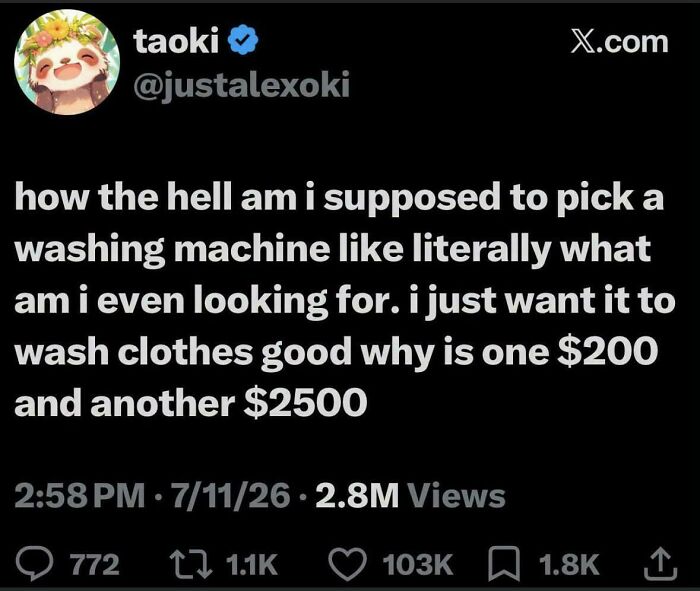 A tweet by taoki @justalexoki posting a surprisingly honest thought about picking a washing machine.