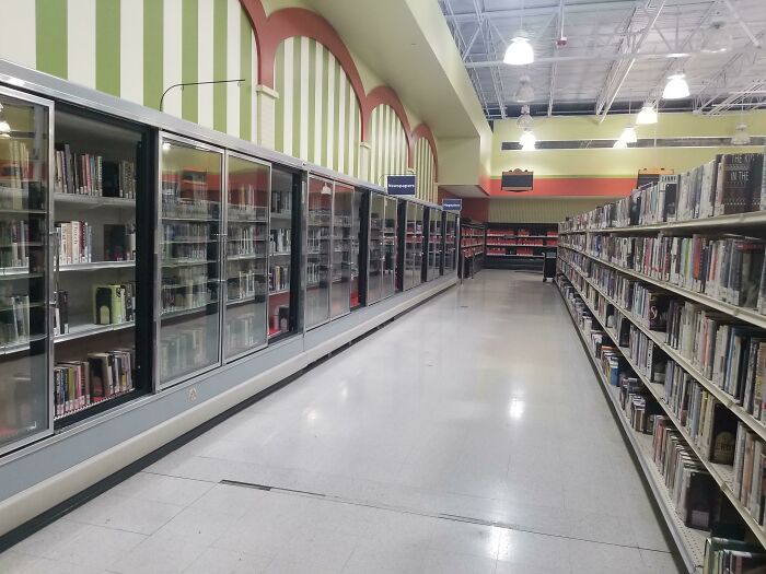 An aisle in a library featuring old refrigerated display cases, pretending to be something else.