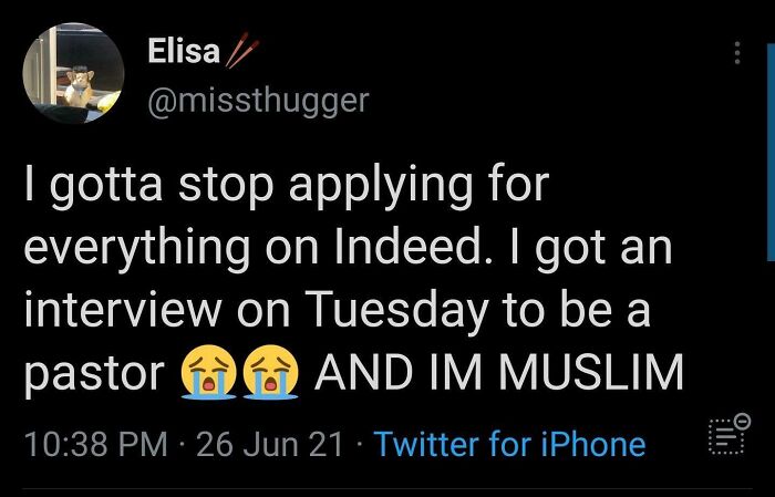 An honest post from Elisa about accidentally getting a pastor interview while being Muslim after applying for everything on Indeed.