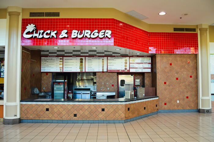 Chick & Burger, a building pretending to be something it is not, showing a fast-food counter and menu.