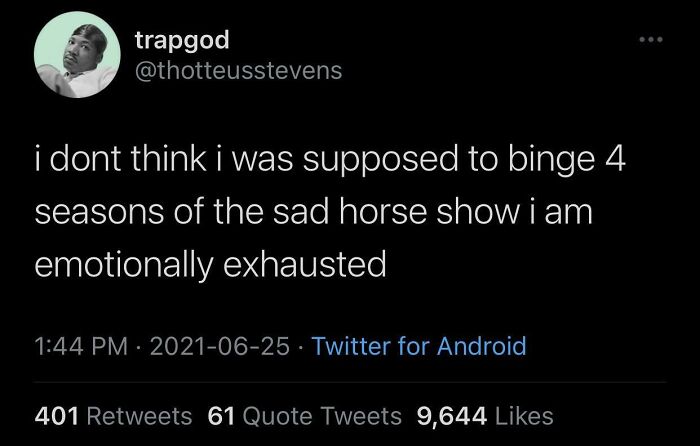 An honest post from a user named trapgod about being emotionally exhausted after binge-watching a sad horse show.