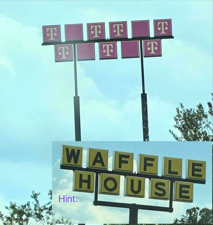 A composite image showing T-Mobile signs above, and Waffle House signs below, an example of buildings pretending.
