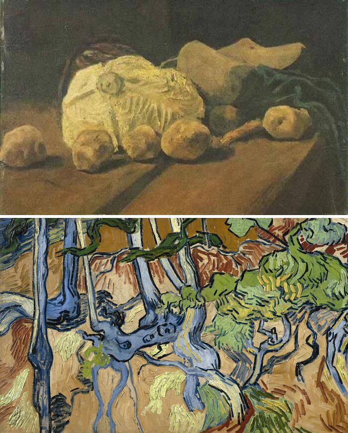 First and last paintings by Vincent van Gogh: Still Life with Cabbage and Clogs, 1881 and Tree Roots, 1890.
