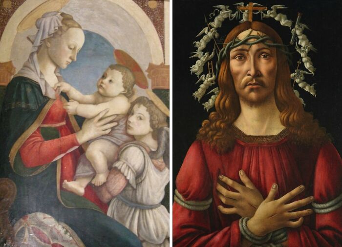 First and last paintings by Sandro Botticelli: Madonna of the Rose Garden, 1469 and The Man of Sorrows, 1500.