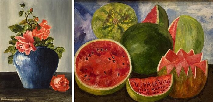 First and last paintings by Frida Kahlo: Still Life (Roses), 1925 and Viva la Vida, Watermelons, 1954.