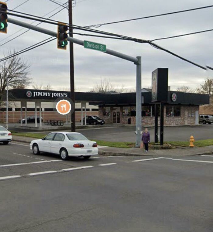 A Jimmy John's restaurant that appears to be in a former Taco Bell building, a clear example of buildings pretending to be something they're not.