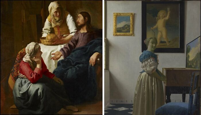 The first painting shows a biblical scene with a woman and a man. The last painting features a woman in a room, illustrating famous artists' first and last paintings.