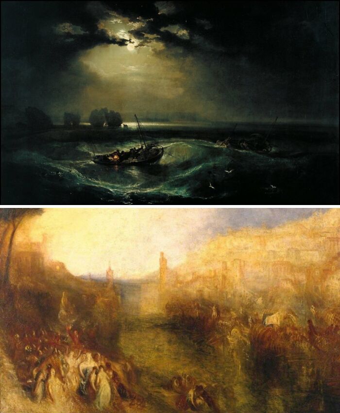 The first painting is a stormy seascape with boats under a cloudy moon. The last painting is a vibrant, busy landscape with many figures, showcasing famous artists' first and last paintings.
