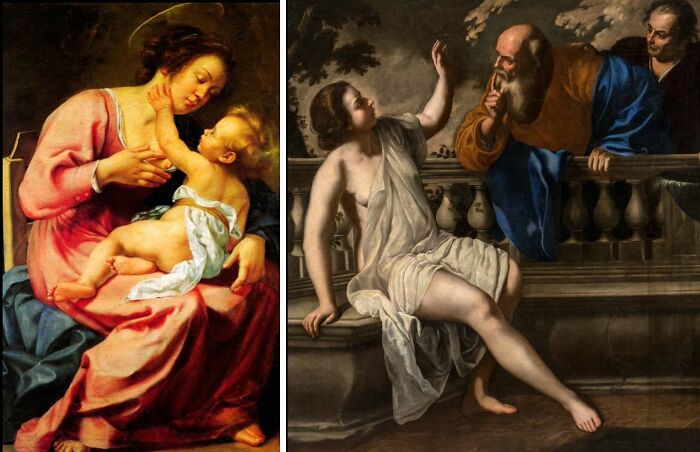 The first painting portrays a mother and child. The last painting depicts two men and a woman on a stone bench, revealing famous artists' first and last paintings.