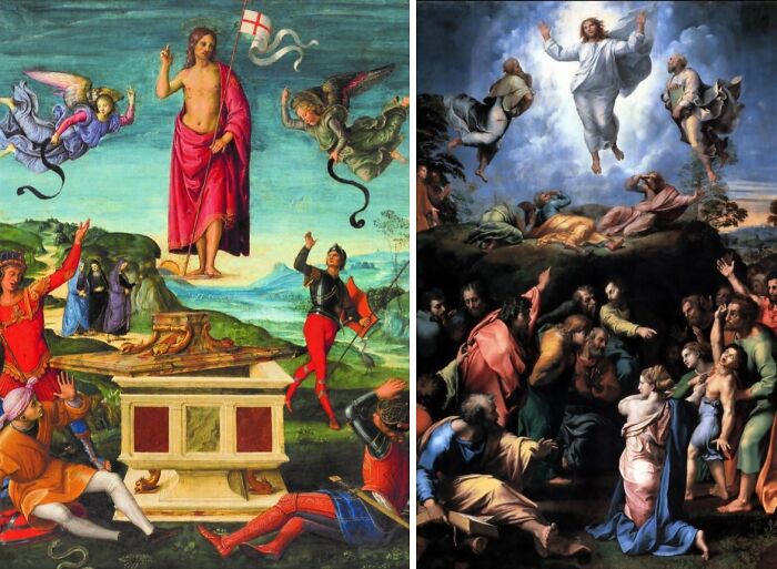 The first painting shows a resurrected Christ with angels. The last painting illustrates Christ ascending to heaven, emphasizing famous artists' first and last paintings.