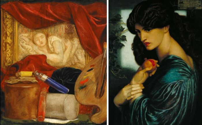 First and last paintings: The left shows a woman in a red-draped bed, the right, a woman holding a pomegranate.