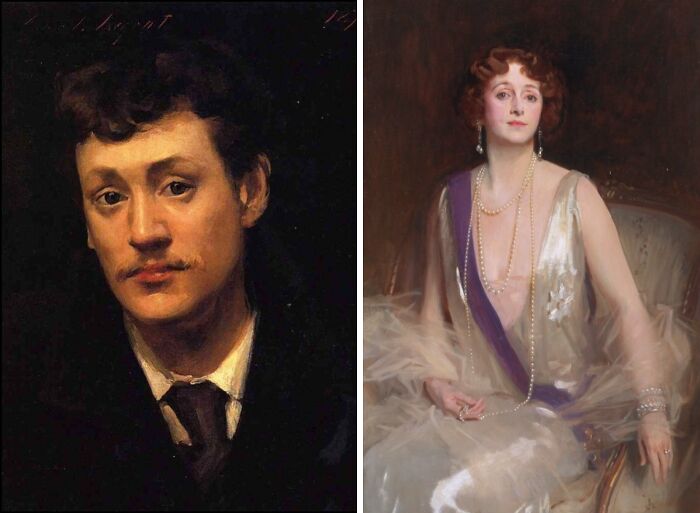 First and last paintings: The left is a portrait of a young man with a mustache, the right, a woman in a pearl necklace.