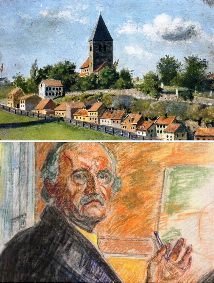 First and last paintings: The top shows a village with a church, the bottom, an older man painting.