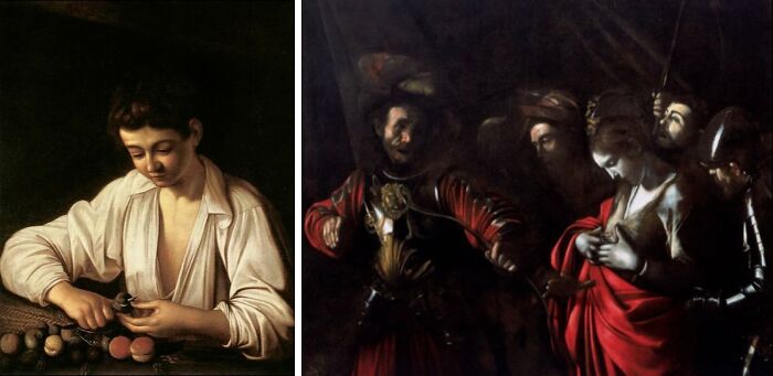 First and last paintings: The left depicts a boy peeling fruit, the right, a dramatic scene with figures in dark lighting.