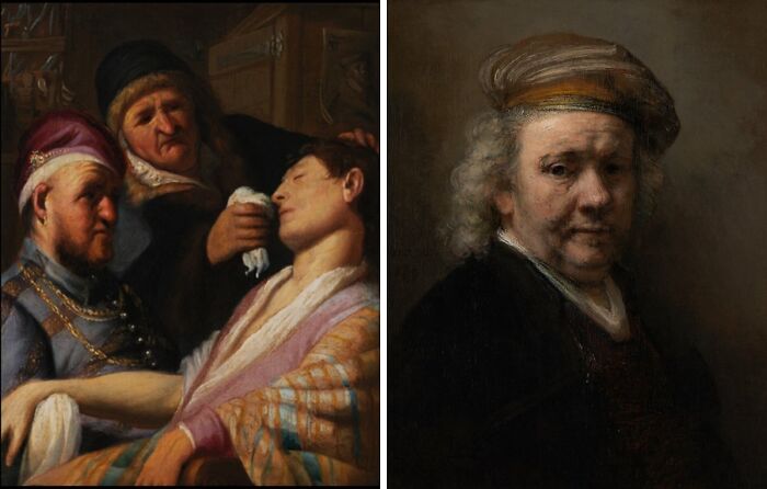 First and last paintings: The left shows men in a scene, the right, a self-portrait of an older man with a hat.