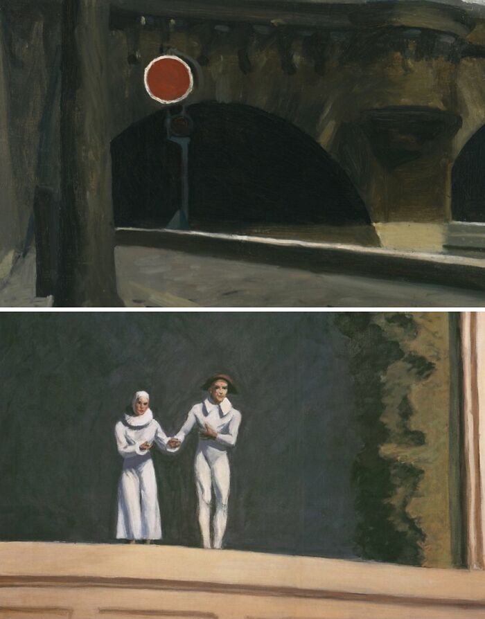 First and last paintings by Edward Hopper: New York Corner, 1913 and Two Comedians, 1966.