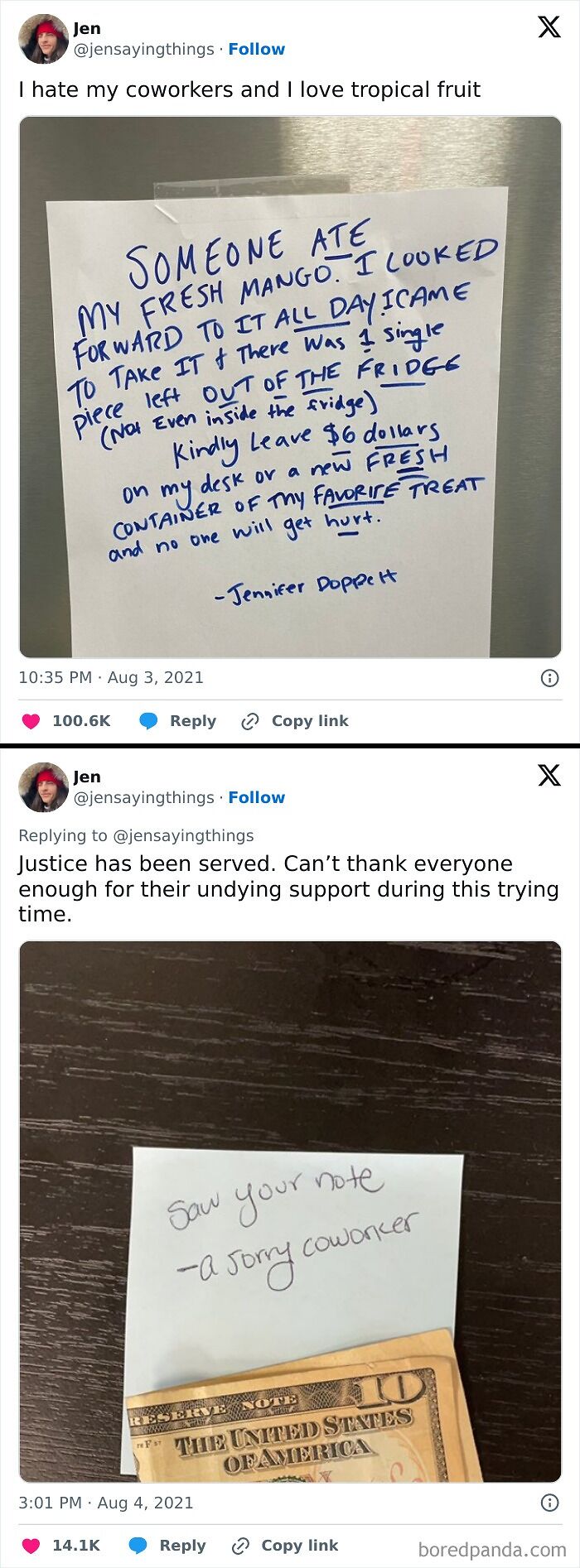 A two-part image showing an office food thief note about a stolen mango, and a follow-up with money and a 'sorry coworker' note.
