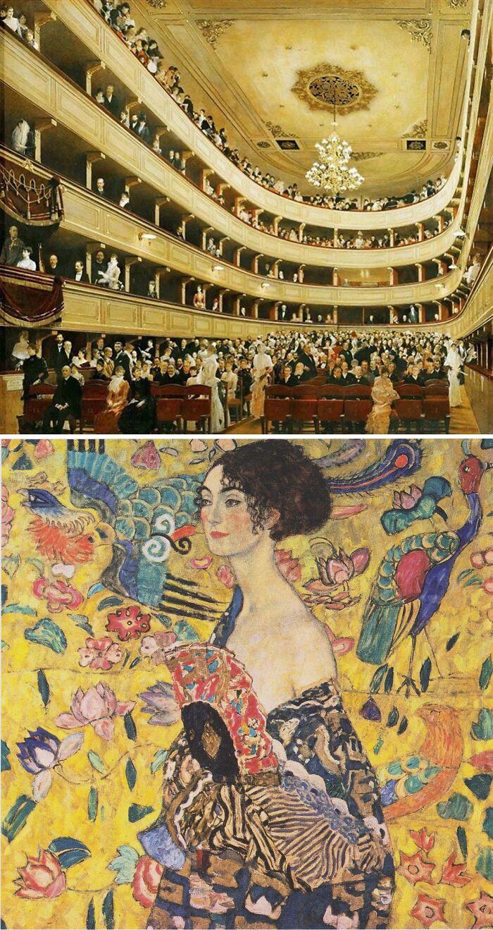 The first painting depicts an opulent theater with many patrons. The last painting shows a woman with a fan on a colorful patterned background, highlighting famous artists' first and last paintings.