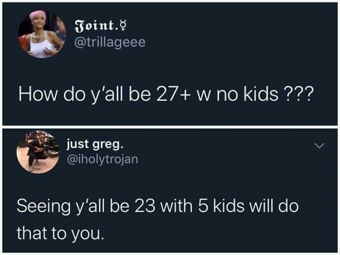 A screenshot of two surprisingly honest posts on Twitter discussing age and having children.