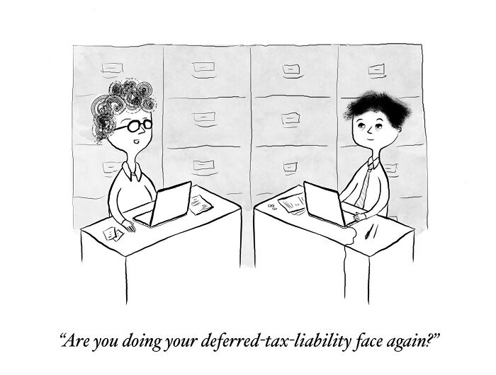 A one-panel comic of two office workers, finding humor in mundane everyday thoughts about tax liability.