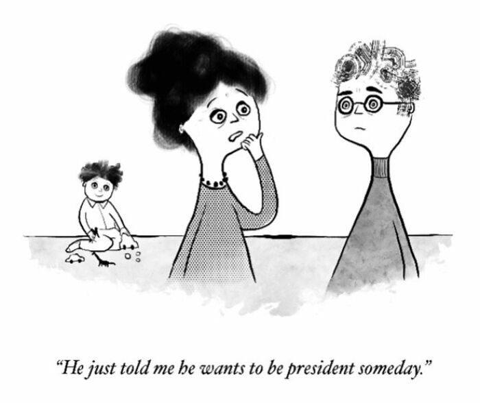 One-panel comic: a woman looks worried as a man listens, while a child plays, showing humor in everyday thoughts.