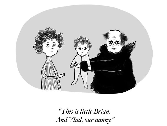 A one-panel comic with a woman introducing her baby and a vampire nanny, finding humor in everyday thoughts.