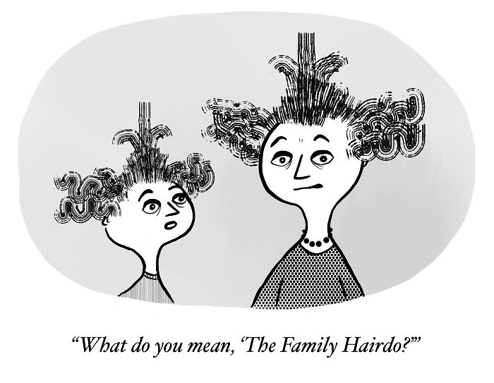 A one-panel comic shows two people with wild, similar hairstyles, with one asking, What do you mean, The Family Hairdo?