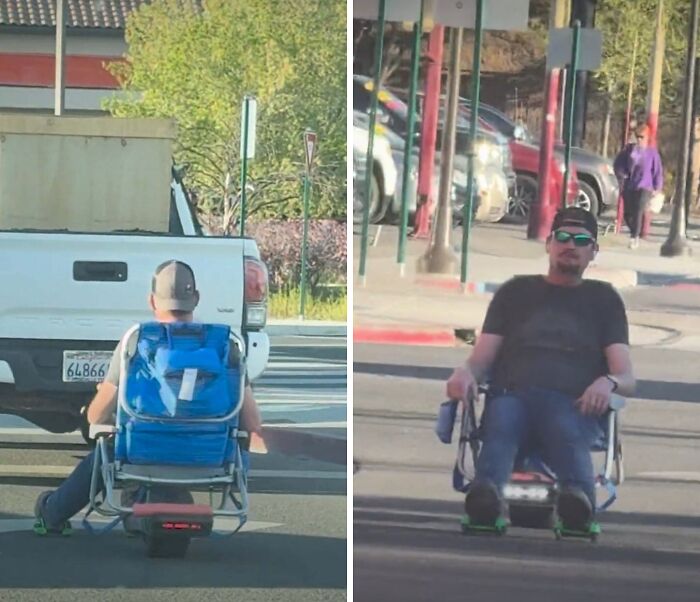 A man sitting on a beach chair with wheeled shoes, an unnecessary and dangerous thing people did.