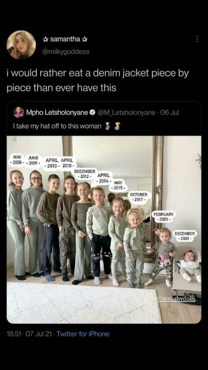 A series of photos of children, showing a surprisingly honest reaction to the idea of having many kids. This is one of the honest posts.