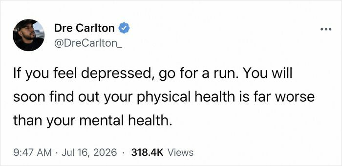 An honest post from Dre Carlton on Twitter about how running reveals physical health struggles are worse than mental health.