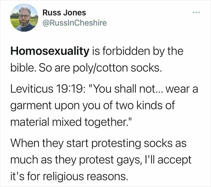 Russ Jones' honest post comparing biblical prohibitions against homosexuality to mixing fabrics, highlighting hypocrisy.