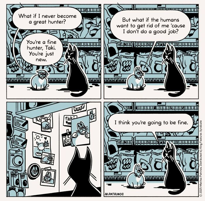 Cartoonist imagines cats with jobs, two cats discussing hunting skills and job security in a store aisle.