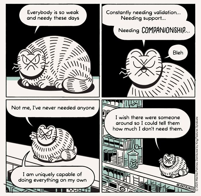Cartoonist imagines cats with jobs: A grumpy cat explains its independence and lack of need for companionship.