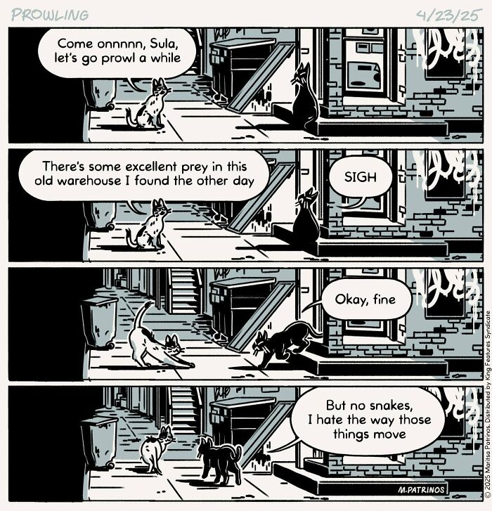 Cartoonist imagines cats with jobs, two cats prowling in an old warehouse, one reluctantly agreeing.