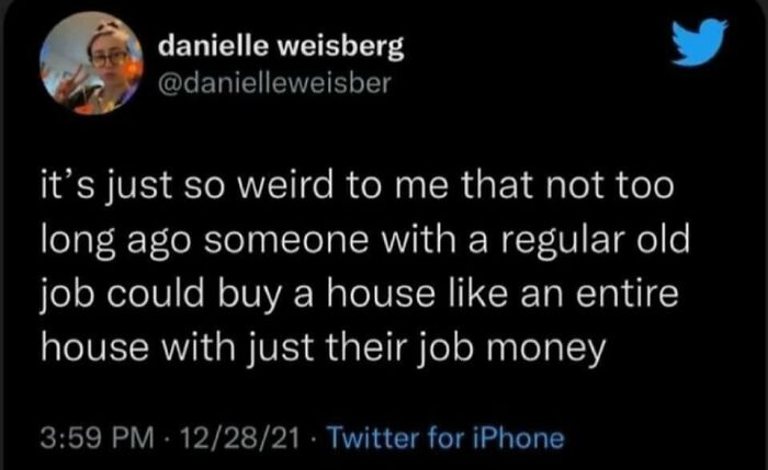 A surprisingly honest post by Danielle Weisberg on Twitter discussing buying a house with job money.