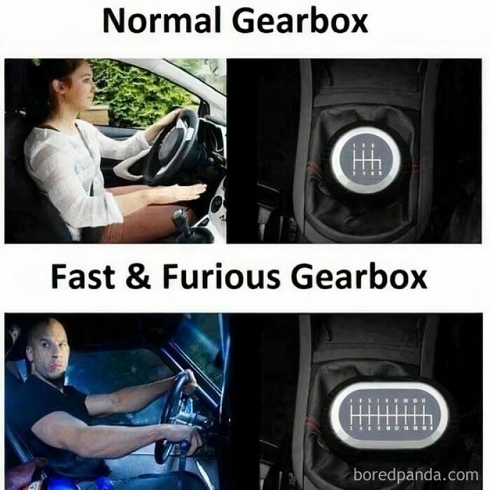 Funny car meme comparing normal gearbox to Fast & Furious gearbox, highlighting car enthusiasts humor.